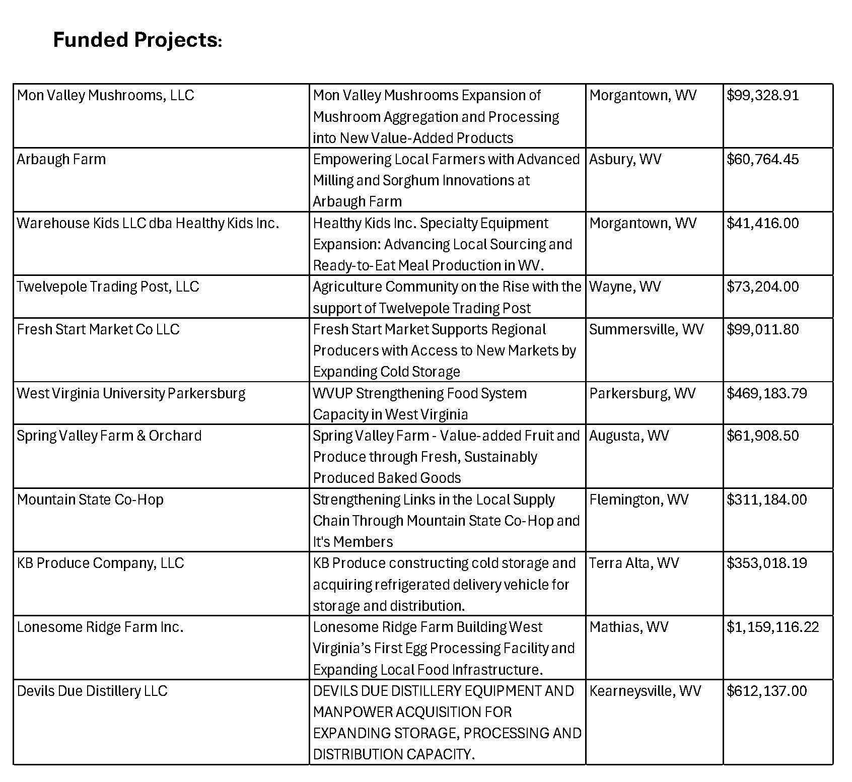 Image of a table listing the Funded Projects including Name of company, explanation of company mission, city and state, and amount awarded.